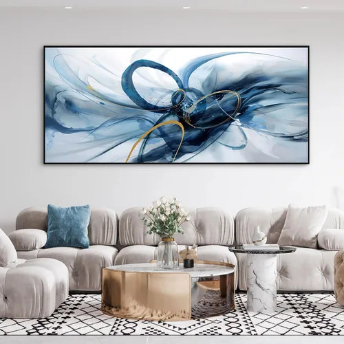 Miniatura 14 de XLSJERST Arte abstracto de pared para sala de estar, lienzo grande, azul y blanco, minimalismo moderno, obra de arte horizontal para dormitorio