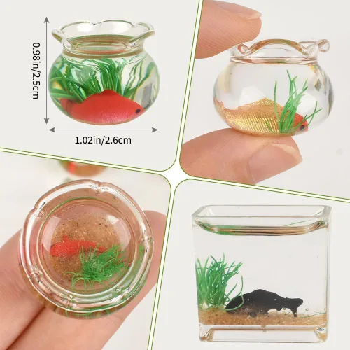 Miniatura 5 de Juego de 4 peceras de tamaño pequeño, la pecera de cristal redonda y cuadrada, accesorios de paisaje en miniatura, suministros de decoración