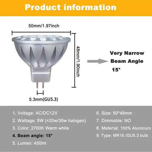 Miniatura 3 de ALIDE Bombillas LED MR16 de 15 grados, ángulo de haz estrecho de 15°, GU5.3 20 W 35 W equivalente a halógeno, 5 W, 450 lúmenes, 2700 K, blanco