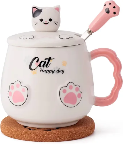 Miniatura 10 de Bgbg Linda Taza de Gato, Taza de Café Té Leche de Cerámica con Tapa de Gatito Adorable, Cuchara de Garra Kawaii, Alfombrilla de Anime, Cosas