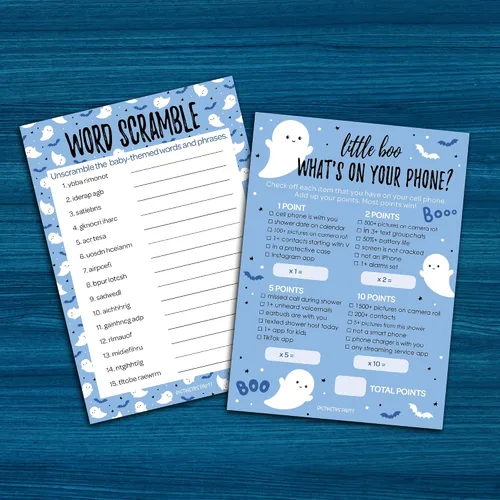 Miniatura 2 de DISTINCTIVS Blue Little Boo is Almost Due Halloween Boy Baby Shower Game Pack – 20 tarjetas de doble cara – Qué hay en tu teléfono y palabras