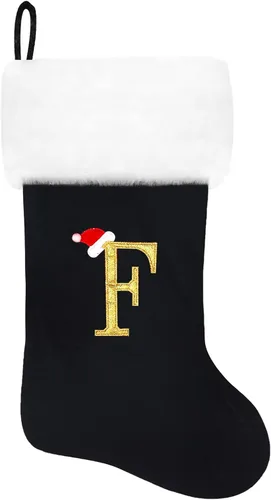 Miniatura 211 de Calcetines de Navidad bordados de 20 pulgadas con monograma, terciopelo negro con puño de felpa blanca supersuave, adornos clásicos para decoración