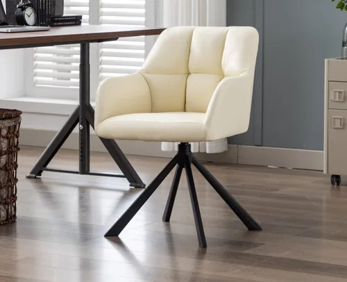 Miniatura 12 de EALSON Cómoda silla de escritorio de terciopelo moderna para computadora, sin ruedas, silla giratoria con brazo de respaldo medio para sala de Beige