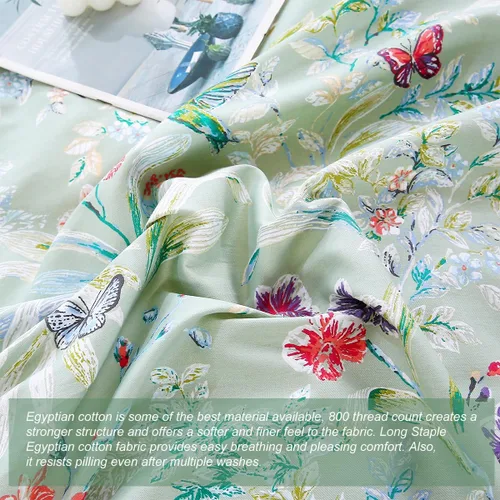 Miniatura 6 de URBONUR Juego de funda de edredón con diseño floral verde, tamaño King, 100% algodón egipcio, juego de ropa de cama con estampado de mariposas Verde