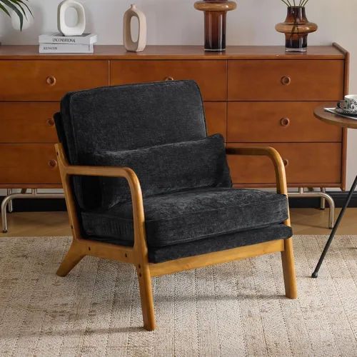 Miniatura 28 de Karl home Silla de acento moderna de mediados de siglo con cojín, tapizada en tela de lino, silla de salón con brazo, estructura sólida de madera