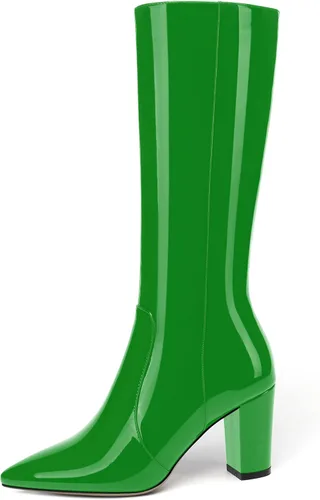 Miniatura 163 de AMBELIGHT Botas altas hasta la rodilla con cremallera y puntera puntiaguda para mujer, de patente sólida, tacón alto, 3.3 pulgadas