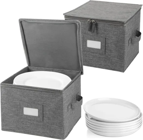 Miniatura 10 de popoly Paquete de 2 cajas de almacenamiento para platillos de 7", contenedor de almacenamiento de vajilla con 24 divisores de fieltro para cuencos