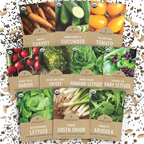 Paquete variado de semillas orgánicas para amantes de la ensalada, 10 paquetes individuales, temporada 2026, tomate de pera amarilla, lechuga