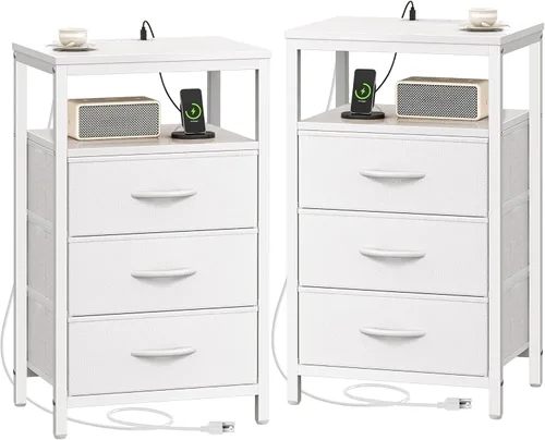 Miniatura 16 de Huuger Cómoda blanca con 5 cajones y estación de carga, cómoda alta para dormitorio, mesita de noche alta con acabado de piel sintética, estante