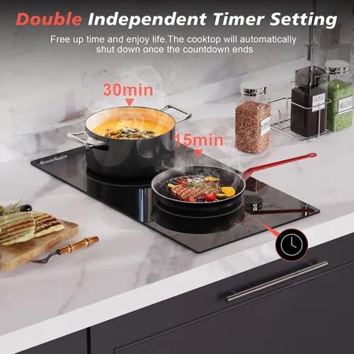 Miniatura 5 de Cocina eléctrica de 2 quemadores, 12 pulgadas, 3000 W, estufa eléctrica de cerámica de doble quemador con 9 niveles de potencia, bloqueo