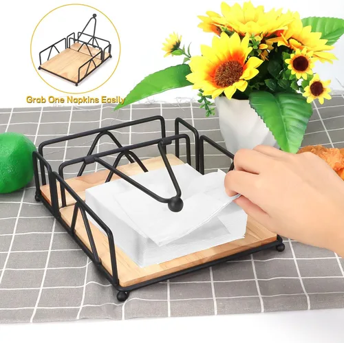Miniatura 7 de Servilleteros para servilletas de papel, servilletero plano con base de madera, cesta de servilletas de acero inoxidable negro para cocina, fiesta