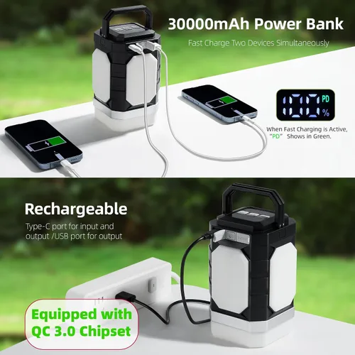 Miniatura 3 de Sinvitron Linterna de campamento recargable: 30,000 mAh luces de campamento portátiles, carga rápida QC3.0, 1000 lúmenes, tiempo de funcionamiento