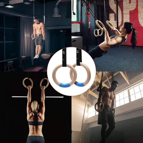 Miniatura 8 de PACEARTH Anillos olímpicos de madera para gimnasia de 1500/1000 libras con hebilla de leva ajustable de 14.76 pies/9 pies de largo, correas