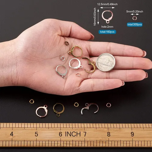 Miniatura 2 de 160 ganchos para aretes de palanca de 5 colores, latón con cierre de palanca, aretes de aro franceses con 300 anillos de salto para bricolaje