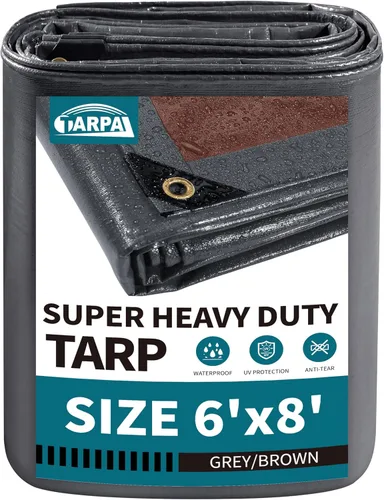 TARPAL Lona súper resistente de 6 x 8 pies, cubierta de lona impermeable de 20 mil, protección UV, lona a prueba de rasgaduras y desgarros con