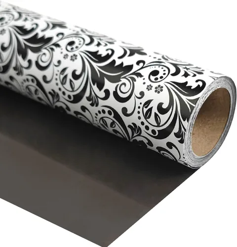 LDGOOAEL Mini rollo de papel de regalo pequeño y corto, diseño reversible (17 pulgadas x 32.8 pies), damasco negro para vacaciones, día de la madre,