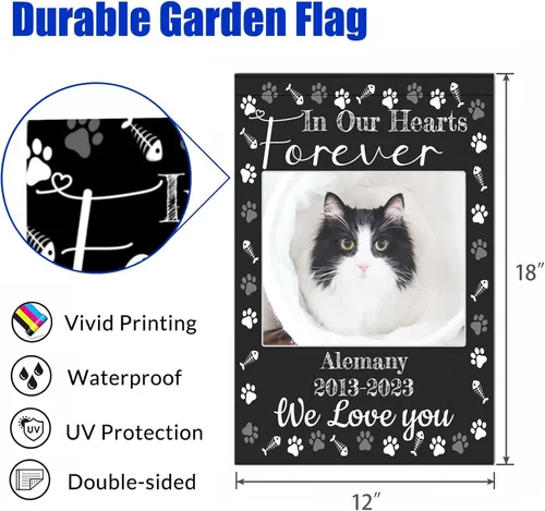 Miniatura 6 de Bandera conmemorativa personalizada, banderas de jardín personalizadas para mascotas y gatos, en memoria amorosa con nombre y foto, fecha para patio