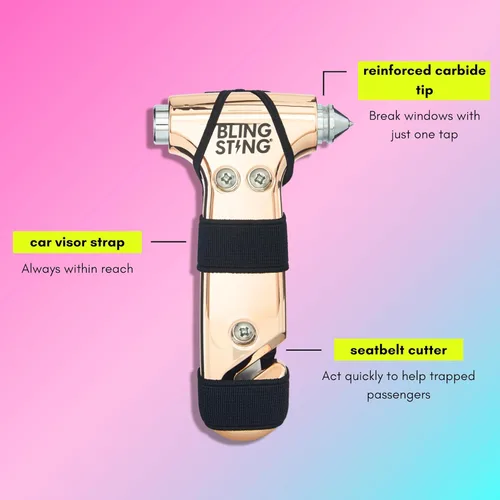 Miniatura 3 de BLINGSTING Martillo de seguridad – Herramienta de escape automotriz de emergencia con rompeventanas, cortador de cinturón de seguridad y correa oro