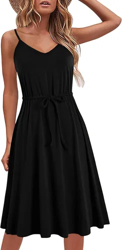 Vestido casual de verano para mujer, de algodón, sin mangas, tirantes delgados, cintura ajustable, acampanado, con bolsillos, 826