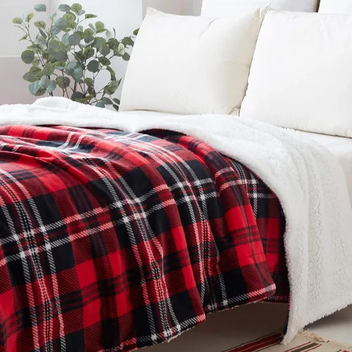 Miniatura 3 de SOCHOW Manta de forro polar Sherpa a cuadros de doble cara, súper suave, lujosa manta de cama de 90 x 90 pulgadas, rojo/gris