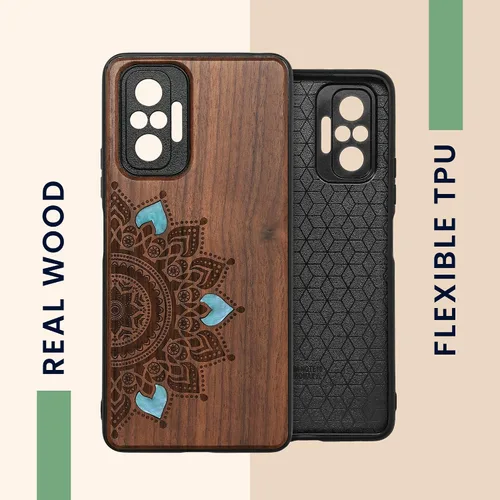 Miniatura 4 de kwmobile Funda de madera compatible con Xiaomi Redmi Note 10 Pro - Funda - Rising Sun Mother of Pearl Marrón oscuro