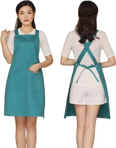 Miniatura 21 de NEWGEM Delantal 100% algodón con espalda cruzada para mujer con 2 bolsillos, correas de botón ajustables, sin dolor de cuello, delantal de chef