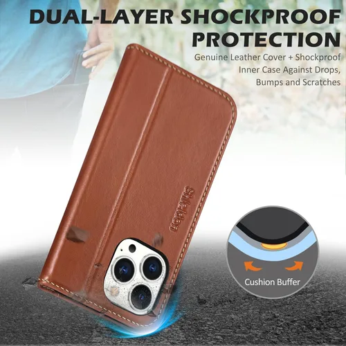 Miniatura 5 de SHIELDON Funda para iPhone 14 Pro Max 5G, funda de piel auténtica tipo cartera con función atril y bloqueo RFID, magnética, a prueba de golpes