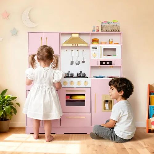 Miniatura 7 de Kinder King Cocina de madera para niños, juego de cocina de juguete para niños pequeños, juego de cocina con sonidos reales, máquina de café de Rosa