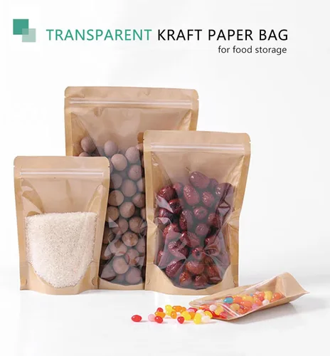 Miniatura 2 de 50 bolsas de papel kraft con ventana transparente Fornt bolsas resellables de pie con cierre de cremallera, bolsas de almacenamiento de alimentos