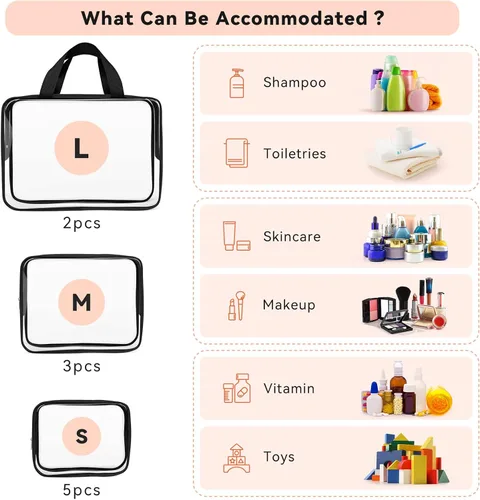 Miniatura 3 de TISRATOK Neceser de maquillaje transparente de viaje de 10 piezas, plástico PVC cosmético aprobado por la TSA Kit organizador con bolso con Negro