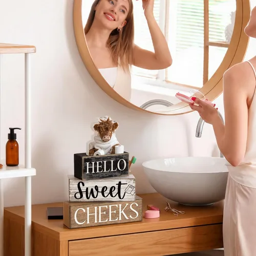 Miniatura 7 de Moucuny 4 piezas de estante de baño, decoración de baño de vaca de las tierras altas, decoración de baño y accesorios rústicos de hojas de eucalipto