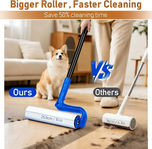 Miniatura 2 de Rodillo de pelusa grande de 10 pulgadas para pelo de mascotas extra pegajoso, rodillos de pelusa de suelo de mango largo con rodillos de pelusa Azul