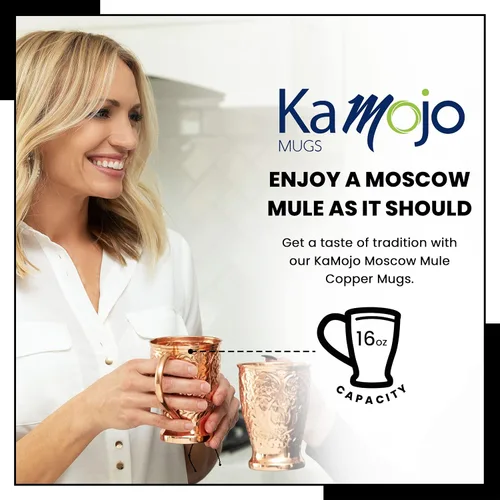 Miniatura 2 de Kamojo Juego de 2 tazas de cobre con diseño único hecho a mano en relieve con revestimiento antideslustre de grado alimenticio, juego de regalo