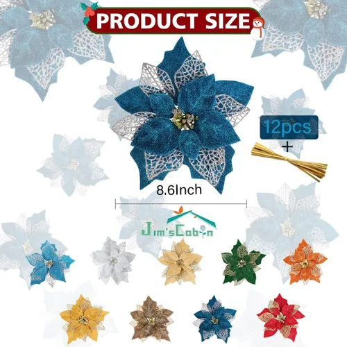 Miniatura 2 de Jim's Cabin Paquete de 12 flores de Pascua artificiales con purpurina para adornos de árbol de Navidad, mariposas y decoraciones doradas (azul)
