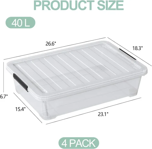 Miniatura 2 de Hespama Contenedor de plástico de 40 cuartos de galón con ruedas, 4 paquetes de caja de almacenamiento grande con pestillo, transparente Large