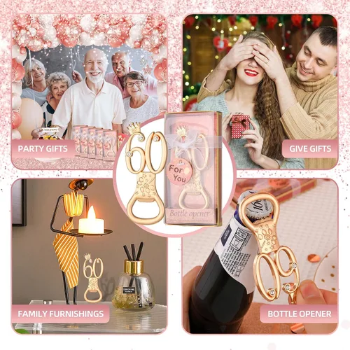 Miniatura 5 de 24 cajas de abrebotellas de cumpleaños número 60 con temática de oro rosa, favorecidas para regalos de fiesta de boda dorada número 60, recuerdos