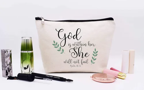 Miniatura 6 de LIBIHUA Bolsa de maquillaje para mujer, bolsa de cosméticos regalos para ella, bolsa de viaje femenina, Beige natural, 313-dios está dentro de ella