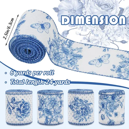 Miniatura 2 de AnyDesign Cinta blanca y azul con borde con alambre, diseño de mariposas y flores, 24 yardas, 2.5 pulgadas, cintas de tela de flores azules