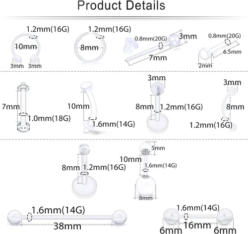 Miniatura 2 de Cisyozi 92 piezas de plástico transparente para cirugía, trabajo, deporte, 16G 14G, bioflex, labio, ceja, vientre, ombligo, tabique, nariz, pezón