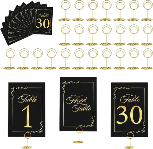 Miniatura 16 de JOYIT 21 juegos de tarjetas de mesa de boda del 1 al 20 y de la mesa principal con 21 soportes de números de mesas, tarjetas de números de oro negro