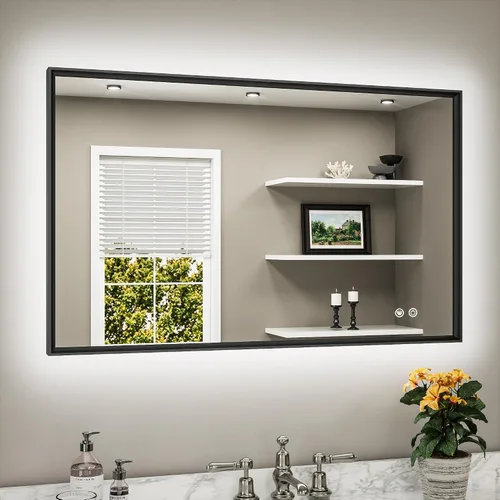 Miniatura 13 de TETOTE Espejo de baño retroiluminado de 30 x 36 pulgadas, marco de metal dorado cepillado, luz LED, 3 colores, blanco/cálido/natural, sin escalones