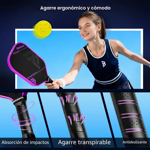 Miniatura 4 de Beesoul Paleta de pickleball con superficie de fibra de carbono sin procesar termoformada T700, construida para máxima potencia de giro y control