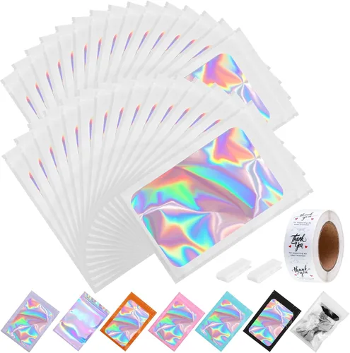 Miniatura 29 de Paquete de 150 bolsas holográficas de Mylar de 5 x 8 pulgadas con ventana transparente, pequeñas bolsas de papel de aluminio resellables