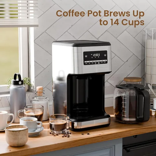 Miniatura 2 de Electactic Cafetera, Cafetera programable de 14 tazas con filtro reutilizable y placa de mantener caliente, cafeteras pequeñas automáticas