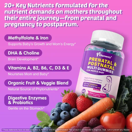 Miniatura 4 de Vitaminas prenatales para mujeres con metilfolato, omega-3 DHA vegano, mezcla de alimentos orgánicos, probióticos, hierro, vitamina D3 B6 B12