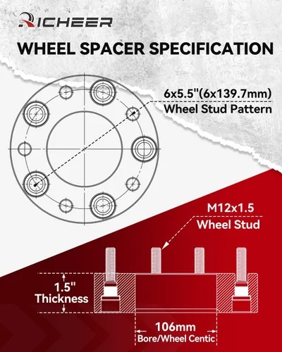 Miniatura 2 de Richeer Espaciador de rueda de 1.5 pulgadas, 6 x 5.5 para Tacoma 1995-2023 con tuercas extensibles, 4 espaciadores de rueda centrados en cubo