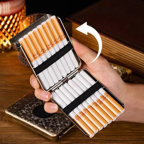 Miniatura 4 de Caja de cigarrillos de metal con encendedor de tamaño King, paquete portátil de 16 piezas de cigarrillos regulares, encendedores USB, caja