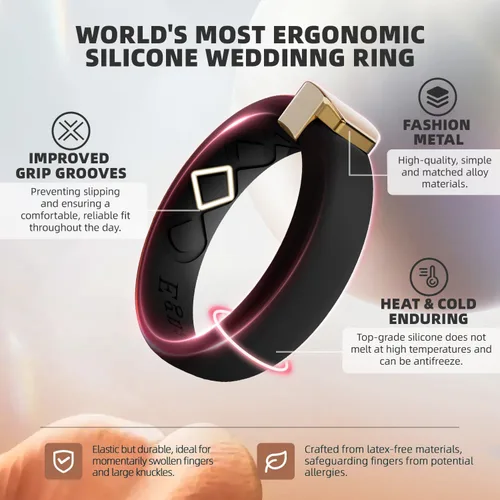 Miniatura 20 de Egnaro - Anillo de boda de silicona para mujer, diseño ergonómico y transpirable, ancho de 0.15 pulgadas, bandas de silicona flexibles con placa