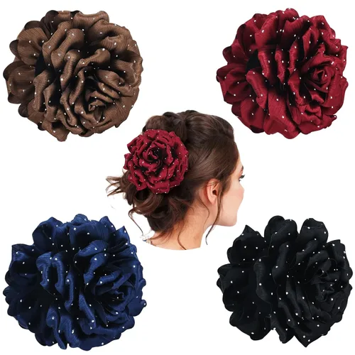 Miniatura 9 de Cinaci Paquete de 4 Lazos Grandes de Flores de Satén para el Cabello Rojos Azul Marino Negro Pinzas de Plástico para el Cabello Clips Cinta Tela