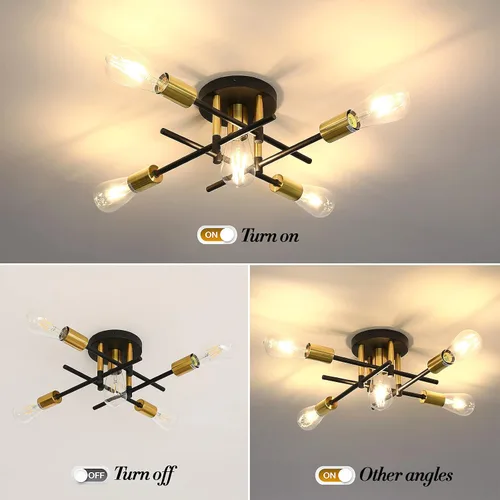 Miniatura 4 de UOFUS Lámpara de techo semiempotrada de 5 luces estilo casa de campo con lámpara E26 moderna lámpara de techo Sputnik negro mate y dorado